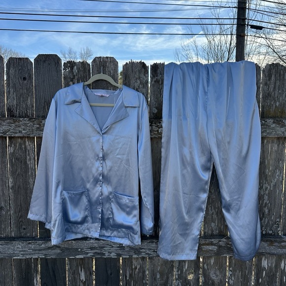 Victoria's Secret Other - Victoria Secret 2 Piece Sky Baby Blue Satin Pajama Set XL Button Up Top & Pants